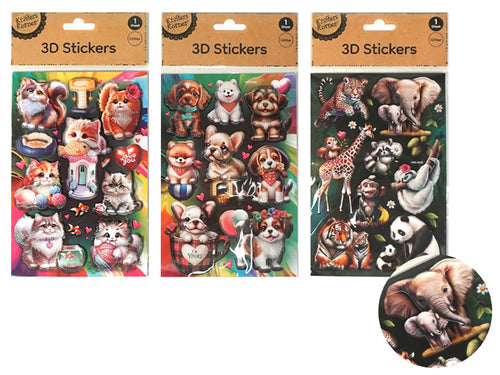 animal shapes (cats, dogs, wildlife); 3D puffed stickers; glitter detailing; bright colourful designs; packaging shows 1 sheet;