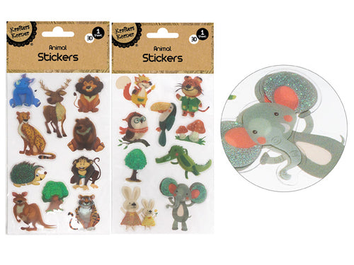 multiple animal designs; colourful illustrations; 3D raised effect; individual sticker sheets; glitter accents on some stickers;