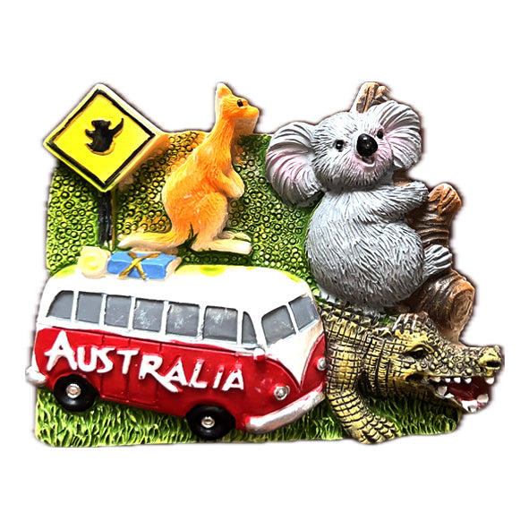 3D design; features koala, kangaroo, crocodile; red and white camper van with Australia text; green textured background; yellow traffic sign with kangaroo symbol;