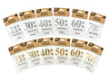 silver and gold foil colours; numbers 21, 30, 40, 50, 60, 70; includes 'Happy Birthday' text; star shapes included; pack of 6 stickers;
