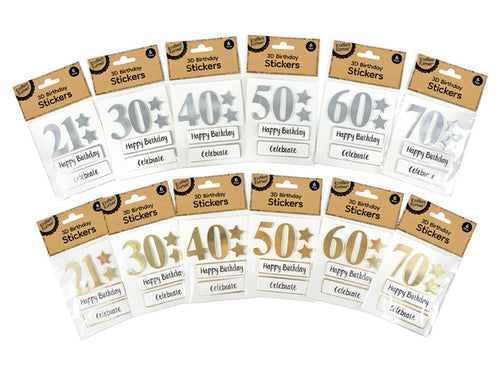 silver and gold foil colours; numbers 21, 30, 40, 50, 60, 70; includes 'Happy Birthday' text; star shapes included; pack of 6 stickers;