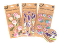 3D floral stickers; clear edges around stickers; assorted flower designs including pink roses and purple lavender; brown kraft paper packaging; single sheet per pack;