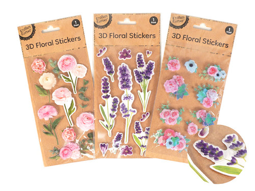3D floral stickers; clear edges around stickers; assorted flower designs including pink roses and purple lavender; brown kraft paper packaging; single sheet per pack;