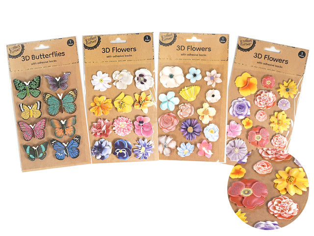 3D stickers with flowers and butterflies; varied colours including yellow, purple, pink, green, blue; stickers on brown kraft paper backing; assorted flower and butterfly designs; pack of multiple sticker sheets;