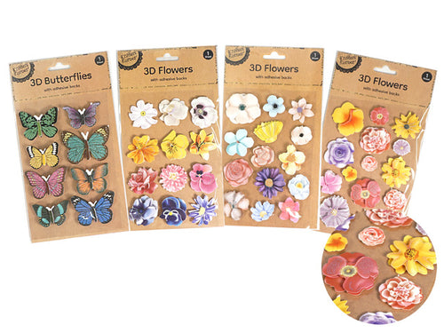 3D stickers with flowers and butterflies; varied colours including yellow, purple, pink, green, blue; stickers on brown kraft paper backing; assorted flower and butterfly designs; pack of multiple sticker sheets;