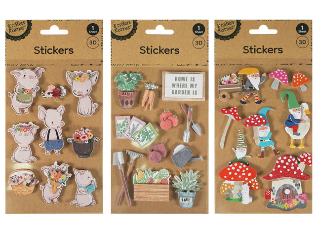 brown kraft paper backing; colourful 3D stickers; garden theme with plants and tools; includes garden gnomes and mushrooms;