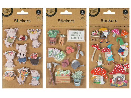 brown kraft paper backing; colourful 3D stickers; garden theme with plants and tools; includes garden gnomes and mushrooms;