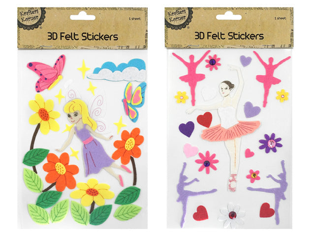 assorted fairy and flower felt stickers; ballet dancer and heart felt stickers; bright pink, purple, yellow and green colours; felt material with 3D layered effect; packaged in clear plastic with brown kraft header;