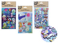 packaging shows assorted colourful animal designs; stickers have 3D puff effect; glitter embellishments on stickers; variety of animals including cats, sea creatures, dogs; each pack contains multiple stickers;