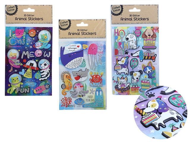 packaging shows assorted colourful animal designs; stickers have 3D puff effect; glitter embellishments on stickers; variety of animals including cats, sea creatures, dogs; each pack contains multiple stickers;