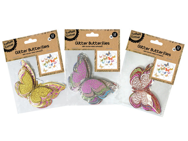 pack of 12 butterflies; various colours including yellow, pink and purple; 3D layered butterfly shapes; glitter and decorative patterns; kraft paper header packaging;