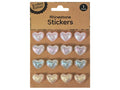 pack of 16 heart-shaped stickers; rhinestone style with pearlescent finish; four rows of four stickers on brown cardstock; soft pink, blue and cream heart colours;