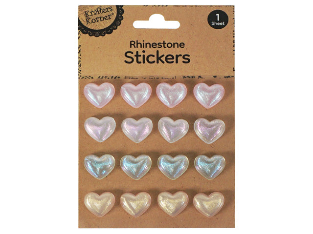 pack of 16 heart-shaped stickers; rhinestone style with pearlescent finish; four rows of four stickers on brown cardstock; soft pink, blue and cream heart colours;