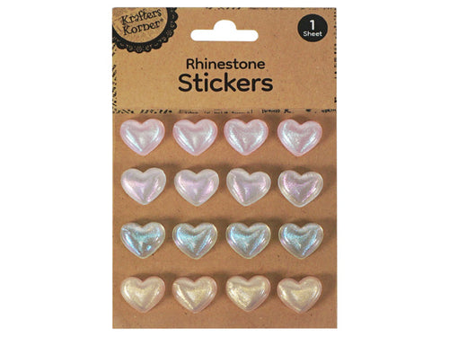 pack of 16 heart-shaped stickers; rhinestone style with pearlescent finish; four rows of four stickers on brown cardstock; soft pink, blue and cream heart colours;