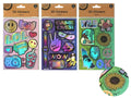 packaged in a clear plastic bag with cardboard header; varied colourful and playful sticker designs; stickers have a shiny, iridescent finish; one sheet of assorted stickers per pack;