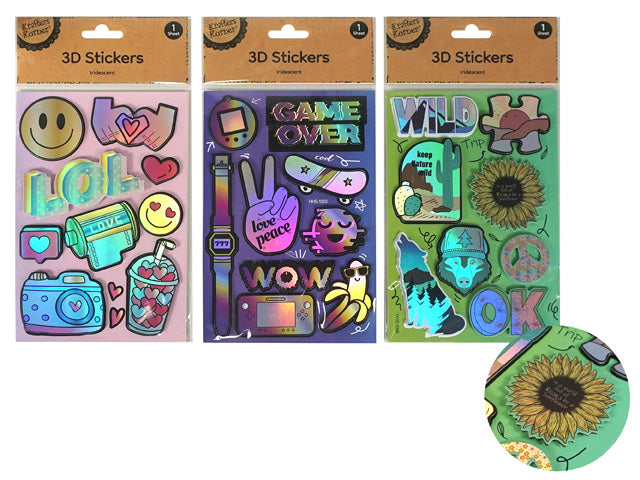 packaged in a clear plastic bag with cardboard header; varied colourful and playful sticker designs; stickers have a shiny, iridescent finish; one sheet of assorted stickers per pack;