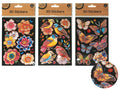 metallic foil accents; 3D raised effect; floral, birds, and butterfly designs; vibrant colours on black background; packaged in clear plastic with brown label;