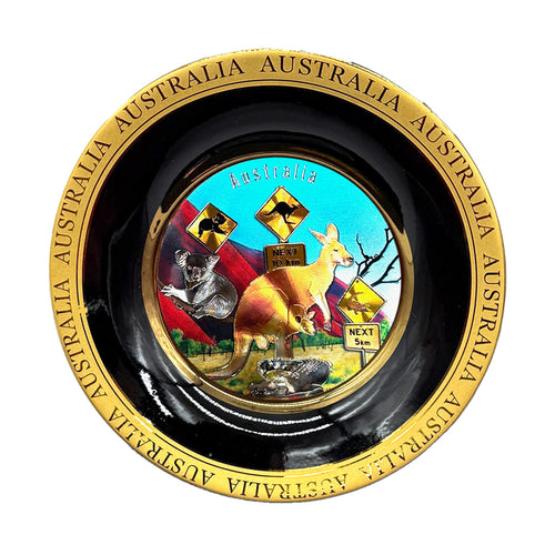 round plate shape; 3D centre design with Australian animals; black and gold coloured rim; bright blue background in centre;