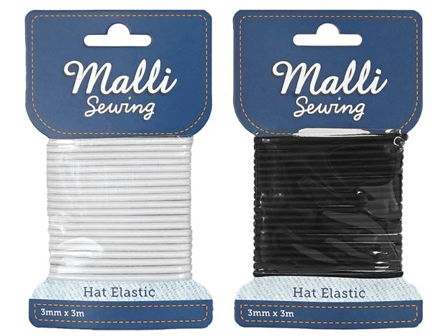 3mm diameter round elastic cord; 3 metres length; available in white; available in black; packaged on a blue branded card;
