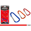 Three aluminium keychain hooks; Anodised finish in red, orange, blue; Spring-loaded clip design; Packaged in red and black card packaging; Sizes labelled 40mm, 45mm, 55mm;