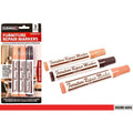 Three markers in light brown, medium brown and dark brown colours; Markers labelled as Oak, Mahogany and Maple tones; Packaging shows use on wood furniture and flooring; Markers have white labels with brown text;