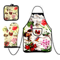 3-piece set: apron, oven mitt, pot holder; cream background with colourful Australian flowers and animals print; black edging and straps on apron and mitt; apron includes front pocket; fabric material with printed design;