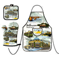 apron with Melbourne landmarks print; matching oven mitt with same Melbourne design; pot holder featuring Melbourne cityscape; black trim edges on all pieces; vivid colours depicting Melbourne scenes;