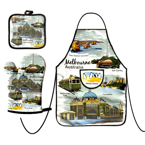 apron with Melbourne landmarks print; matching oven mitt with same Melbourne design; pot holder featuring Melbourne cityscape; black trim edges on all pieces; vivid colours depicting Melbourne scenes;