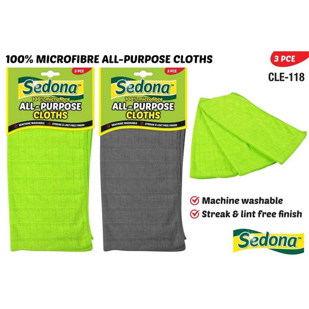 Three-piece set; Microfibre cloth material; Colours: green and grey; Size approximately 30x30cm; Packaging with Sedona branding;