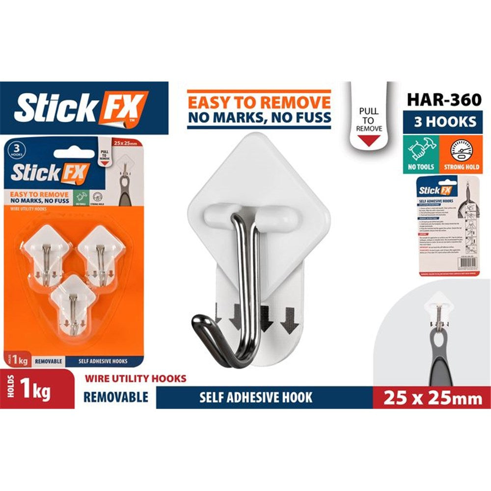 white adhesive base with rounded edges; silver metal wire hook; hook mounted on square base; pack of three hooks in orange and navy packaging;