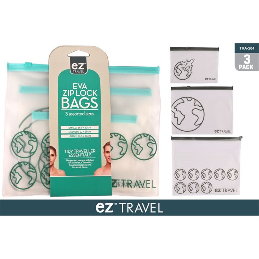 3 pack set of zip lock bags; frosted EVA material; assorted sizes: small, medium, large; light blue and black zip closures; travel-themed globe and airplane prints;