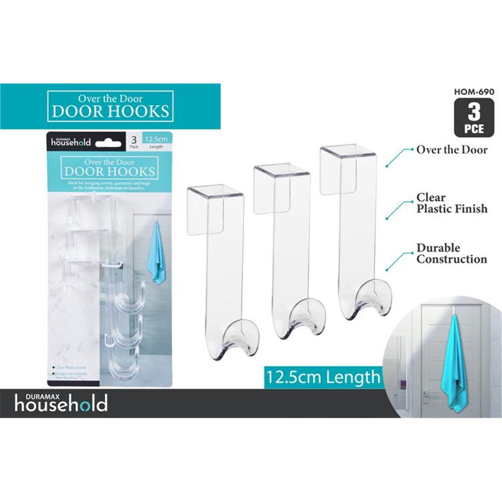 clear plastic material; hook length approximately 12.5cm; pack of 3 hooks; over the door hook style; packaging with blue and white label;