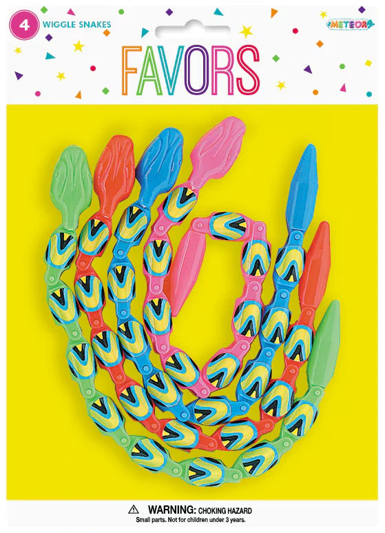 Four plastic snakes; Assorted colours: green, red, blue, pink; Segmented and bendable design; Packaged on bright yellow card with multicolour confetti print;