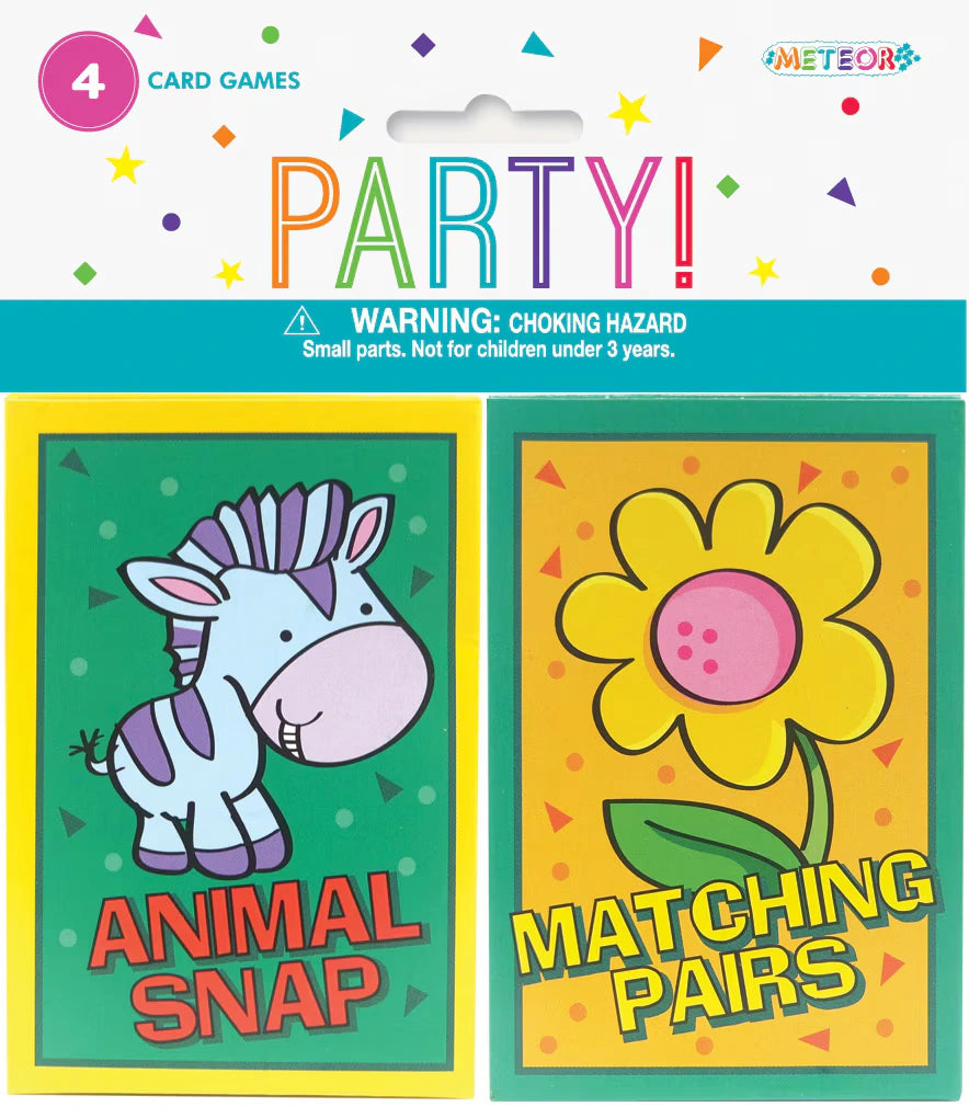 Packaged set with 4 card games; Bright colourful cardboard cards; Games include Animal Snap and Matching Pairs; Polybag with header packaging; Cartoon style illustrations;