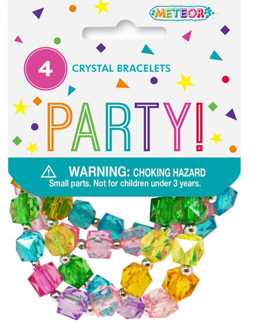 Multi-coloured faceted plastic beads; Silver spacer beads between coloured beads; Elastic band bracelet style; Packaged with colourful confetti design header; Meteor branding on header card;