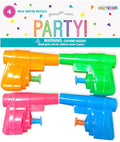 Four mini water pistols; Colours: orange, green, pink, blue; Plastic material; Compact pistol shape; Packaged with 'PARTY!' header card;