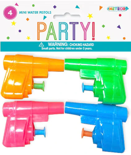 Four mini water pistols; Colours: orange, green, pink, blue; Plastic material; Compact pistol shape; Packaged with 'PARTY!' header card;