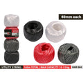 4 rolls of string bundled together; assorted colours: red, white, black, grey; each roll about 40m long; shiny synthetic material; compact round spool shape;