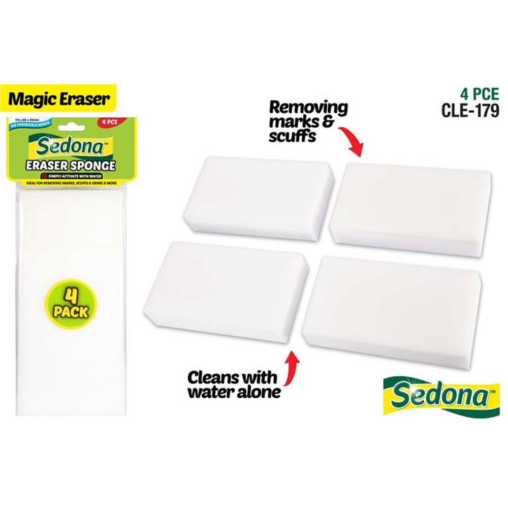 white rectangular sponges; 4 pieces in pack; packaging labelled Sedona brand; dimensions approx. 11.5x6.5x2.5 cm each; text indicates cleans with water alone and removes marks;