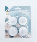 4 pack of white LED tealight candles; packaging includes blue and beige tones; battery operated with battery included; round shape with domed top;