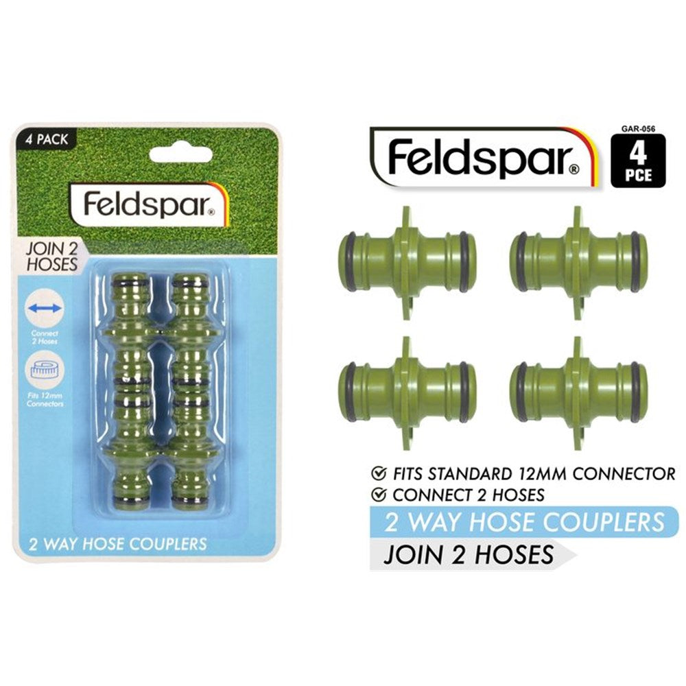 green plastic hose adaptors; black rubber sealing rings; 4 pieces per pack; retail packaging with cardboard backing; blister pack with blue and green colour theme;