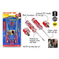 Set of 4 screwdrivers in plastic packaging; Red and clear contoured PVC handles; Chrome plated metal shafts and clips; Two longer (50mm) and two stubby (12mm) screwdrivers;
