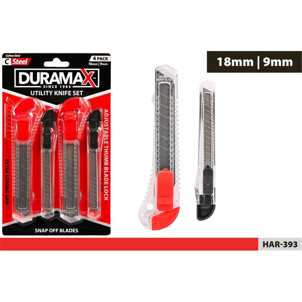 4 knives in clear plastic bodies; red and black grips and lock sliders; two blade sizes: 18mm and 9mm; packaged on black and red card; metal snap-off blades visible;