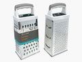rectangular box shape; four different grating surfaces; grey and white plastic handle; stainless steel body; compact size;