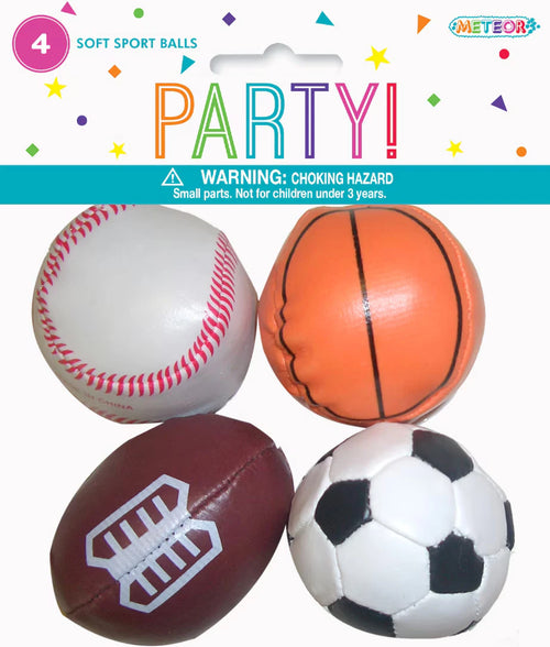 white baseball with red stitching; orange basketball with black lines; brown football with white laces design; black and white soccer ball;