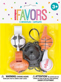 4 whistles shaped like different sports balls; colours: white, black, orange; plastic material; packaged on yellow blister card; warning label for choking hazard;