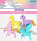 Four unicorn figures in pastel colours pink, yellow, purple, turquoise; Two unicorns have wings, two do not; Stars printed on unicorns' flanks; Gold and silver coloured horns and tails; Packaged in clear polybag with header card featuring pastel gradient and stars;