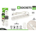 white colour; 4 socket outlets; on/off switch button; 1 metre power cord; wall mount holes visible;