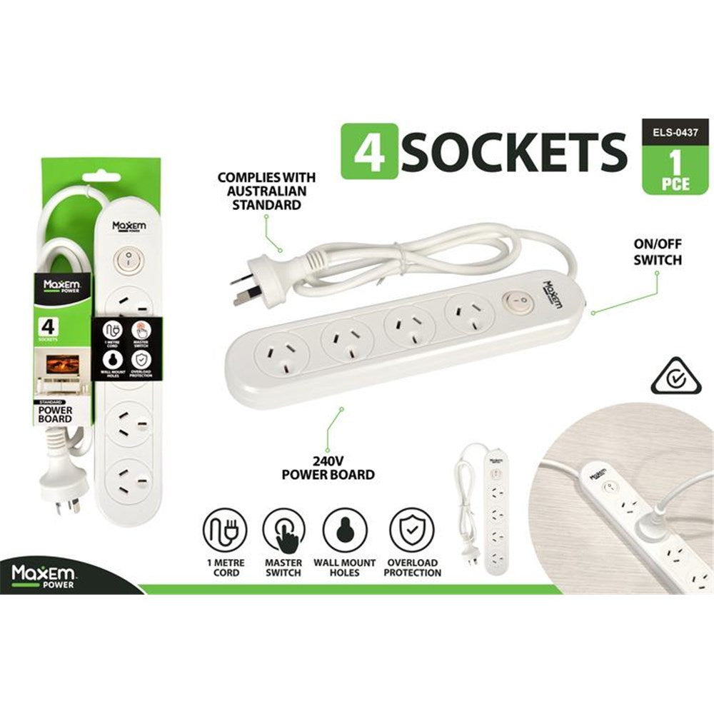 white colour; 4 socket outlets; on/off switch button; 1 metre power cord; wall mount holes visible;