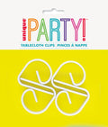 4 white plastic clips; curved hook shape; packaged on bright yellow card; colourful header with PARTY text;